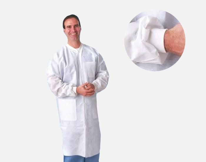 SMS Labcoat, 3 Pockets, Knit Wrists, Snap Front, Knit Collar